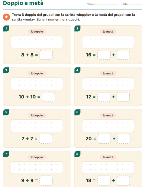 Anteprima della scheda di Doppio e metà con 4 luglio per Scuola primaria classe prima