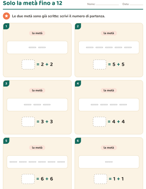 Anteprima della scheda di Doppio e metà con Aula (B/N) per Scuola primaria classe prima