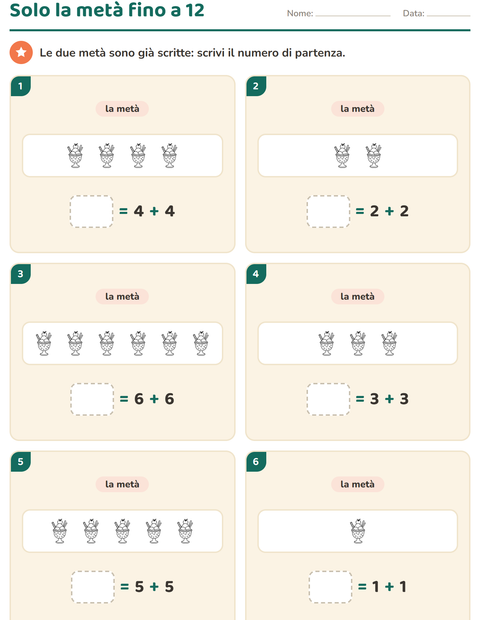 Anteprima della scheda di Doppio e metà con Dolce (B/N) per Scuola primaria classe prima