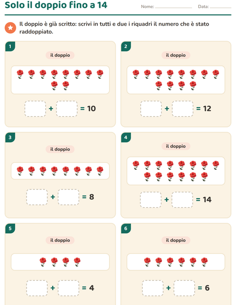 Anteprima della scheda di Doppio e metà con Fiori per Scuola primaria classe prima