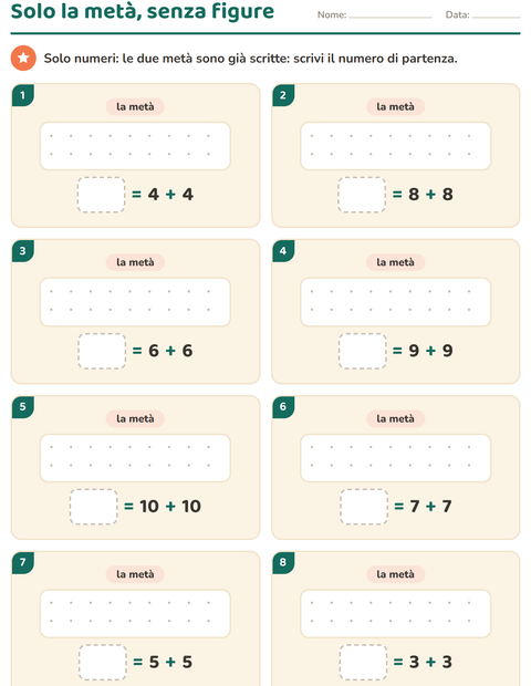 Anteprima della scheda di Doppio e metà per Scuola primaria classe prima