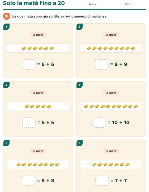 Anteprima della scheda di Doppio e metà con Utensili da cucina per Scuola primaria classe prima