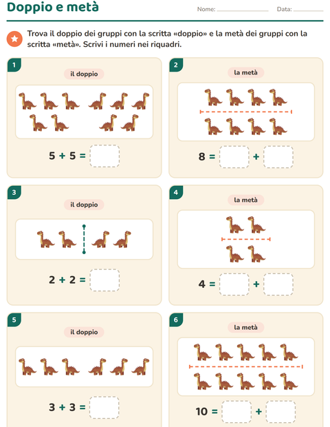 Anteprima della scheda di Doppio e metà con Dinosauri per Scuola primaria classe prima