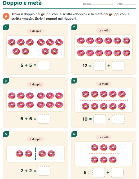 Anteprima della scheda di Doppio e metà con Dolci e dolciumi per Scuola primaria classe prima