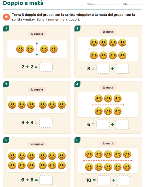 Anteprima della scheda di Doppio e metà con Emozioni per Scuola primaria classe prima