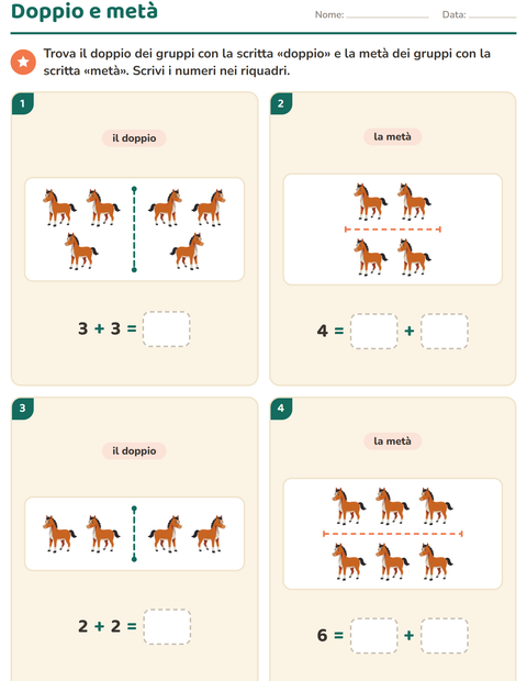 Anteprima della scheda di Doppio e metà con Animali della fattoria per Scuola primaria classe prima