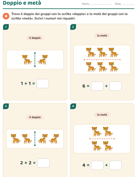 Anteprima della scheda di Doppio e metà con Animali dello zoo per Scuola primaria classe prima