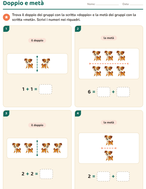 Anteprima della scheda di Doppio e metà con Animali per Scuola primaria classe prima