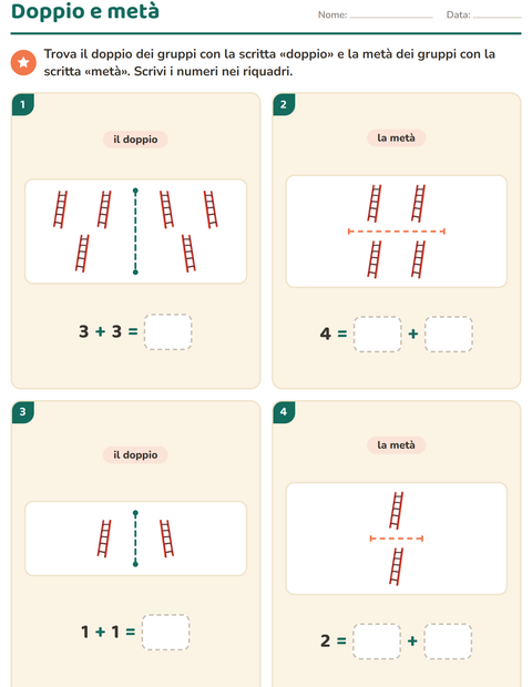 Anteprima della scheda di Doppio e metà con Attrezzi per Scuola primaria classe prima