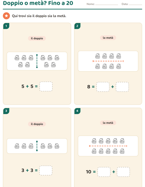 Anteprima della scheda di Doppio e metà con Aula 2 (B/N) per Scuola primaria classe prima