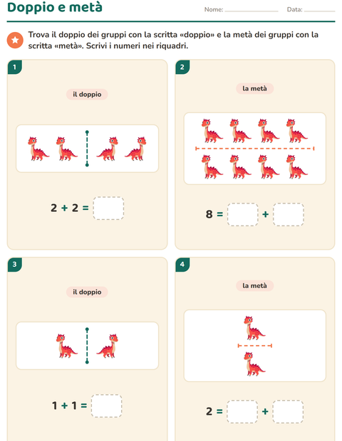 Anteprima della scheda di Doppio e metà con Dinosauri per Scuola primaria classe prima
