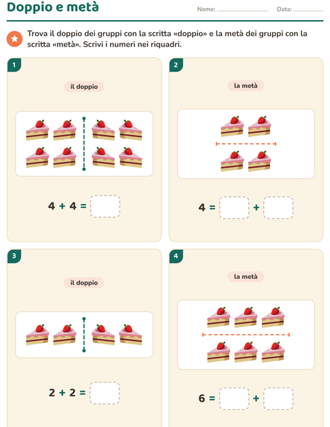 Anteprima della scheda di Doppio e metà con Dolci e dolciumi per Scuola primaria classe prima
