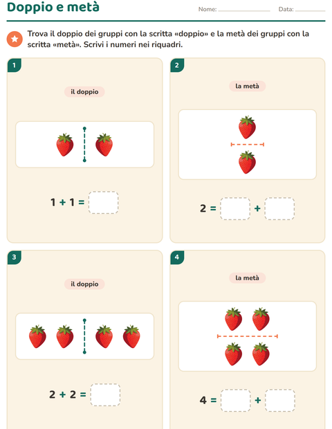 Anteprima della scheda di Doppio e metà con Frutta per Scuola primaria classe prima