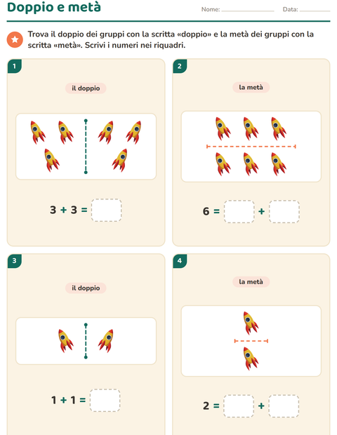 Anteprima della scheda di Doppio e metà con Giocattoli per Scuola primaria classe prima