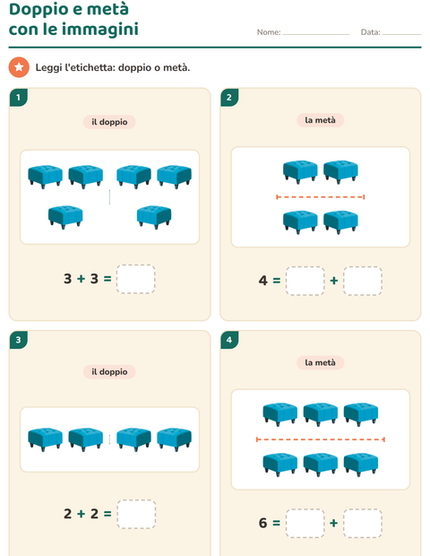Anteprima della scheda di Doppio e metà con Mobili per Scuola primaria classe prima