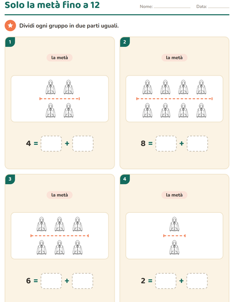 Anteprima della scheda di Doppio e metà con Oggetti BN per Scuola primaria classe prima