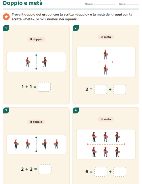 Anteprima della scheda di Doppio e metà con Ufficio postale per Scuola primaria classe prima