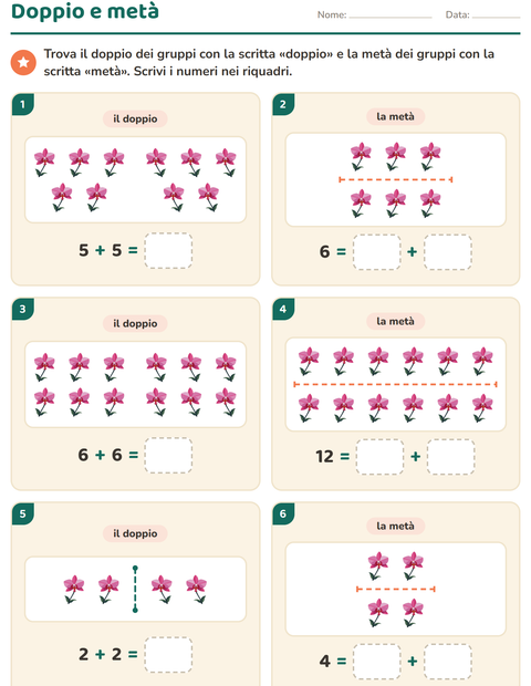 Anteprima della scheda di Doppio e metà con Fiori per Scuola primaria classe prima