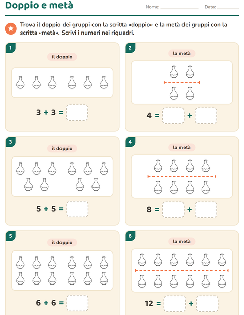 Anteprima della scheda di Doppio e metà con Oggetti BN per Scuola primaria classe prima