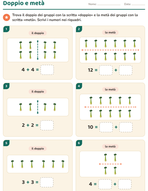 Anteprima della scheda di Doppio e metà con Verdure per Scuola primaria classe prima