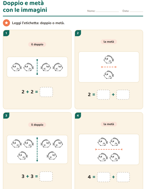 Anteprima della scheda di Doppio e metà con Vita marina BN per Scuola primaria classe prima