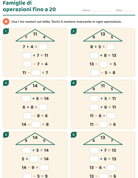 Anteprima della scheda di Famiglie di operazioni per Scuola primaria classe prima