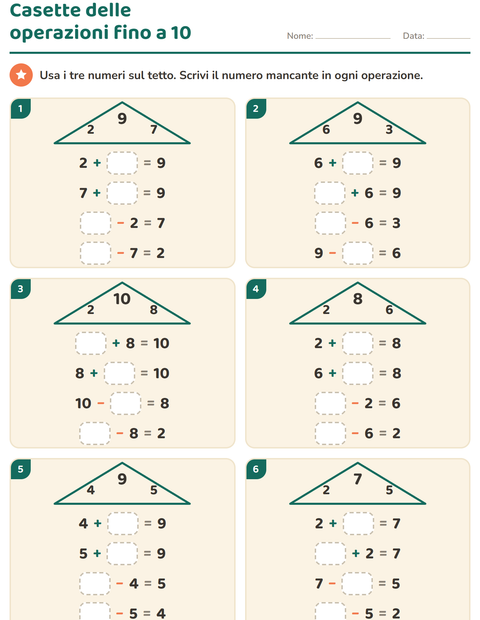 Anteprima della scheda di Famiglie di operazioni per Scuola primaria classe prima