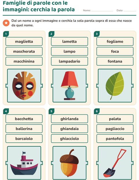 Anteprima della scheda di Famiglie di parole per Scuola primaria classe prima