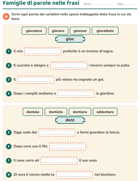 Famiglie di parole nelle frasi: gioco e dente