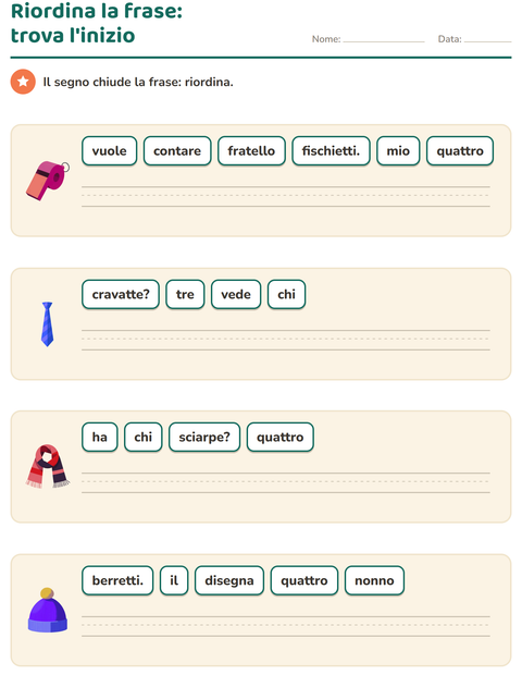 Anteprima della scheda di Frasi in disordine con Accessori per Scuola primaria classe prima