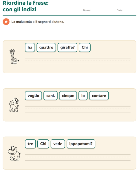 Anteprima della scheda di Frasi in disordine con Animali dello zoo BN per Scuola primaria classe prima