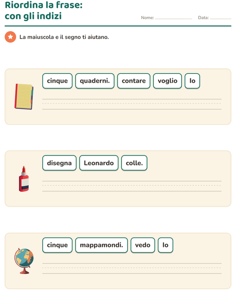Anteprima della scheda di Frasi in disordine con Aula per Scuola primaria classe prima