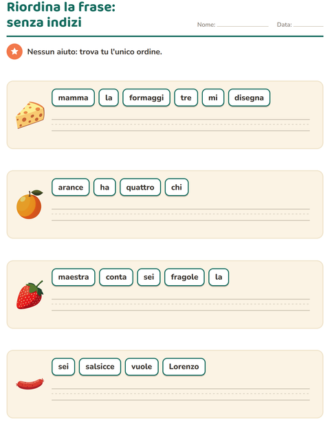 Anteprima della scheda di Frasi in disordine con Colazione per Scuola primaria classe prima