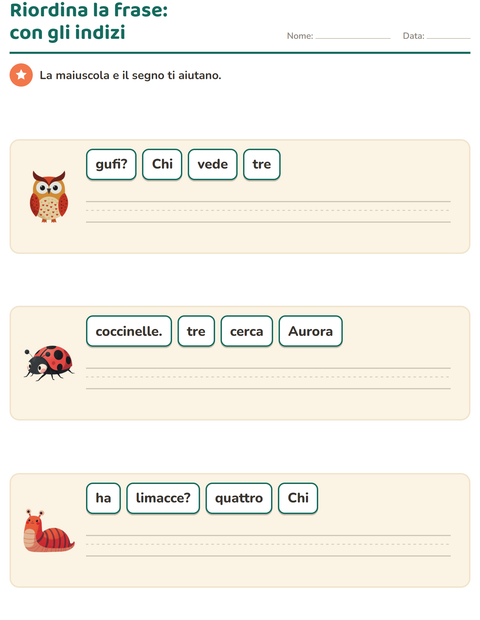 Anteprima della scheda di Frasi in disordine con Creature della foresta per Scuola primaria classe prima