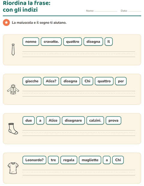 Anteprima della scheda di Frasi in disordine con Abbigliamento BN per Scuola primaria classe prima