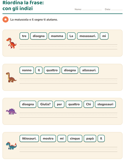 Anteprima della scheda di Frasi in disordine con Dinosauri per Scuola primaria classe prima