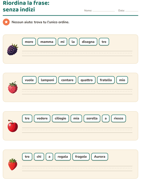 Anteprima della scheda di Frasi in disordine con Frutta per Scuola primaria classe prima