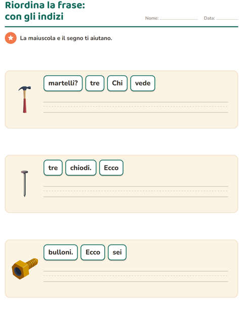 Anteprima della scheda di Frasi in disordine con Attrezzi per Scuola primaria classe prima