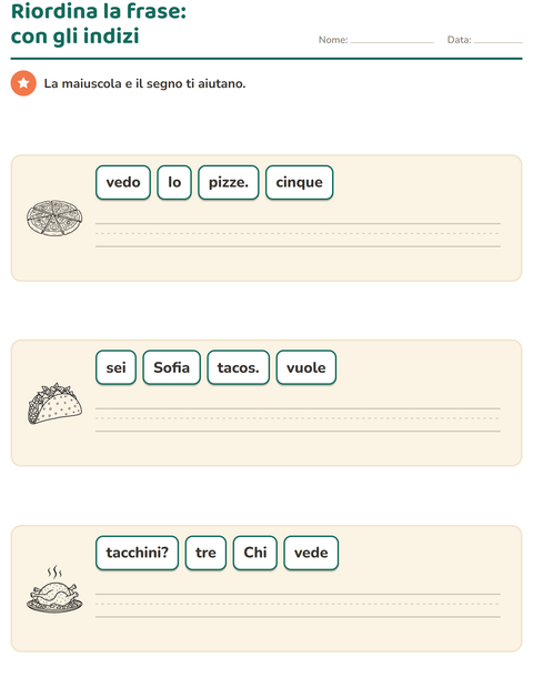 Anteprima della scheda di Frasi in disordine con Cibo BN per Scuola primaria classe prima