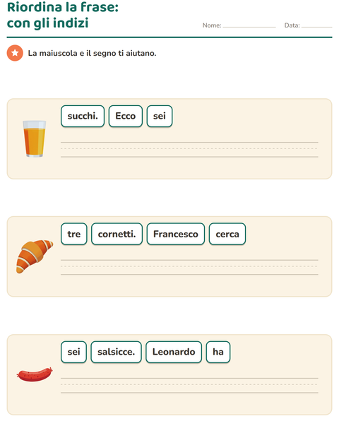 Anteprima della scheda di Frasi in disordine con Colazione per Scuola primaria classe prima