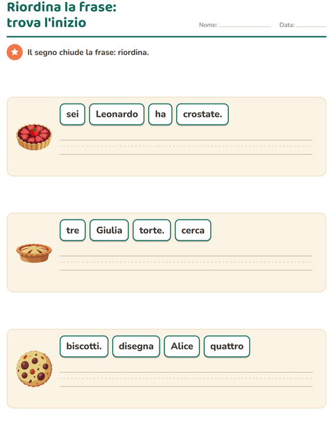 Anteprima della scheda di Frasi in disordine con Dolci e dolciumi per Scuola primaria classe prima