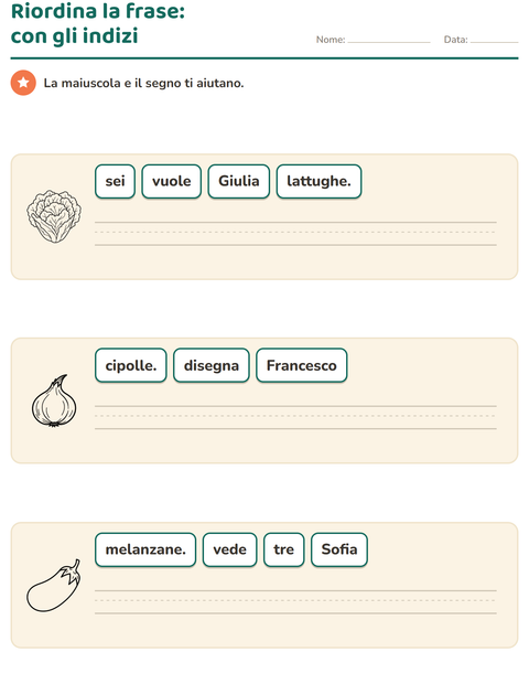 Anteprima della scheda di Frasi in disordine con Verdure BN per Scuola primaria classe prima