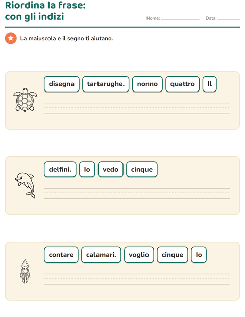 Anteprima della scheda di Frasi in disordine con Vita marina BN per Scuola primaria classe prima