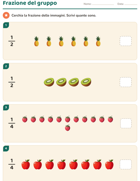 Anteprima della scheda di Frazioni con Frutta per Scuola primaria classe terza