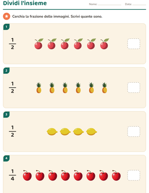 Anteprima della scheda di Frazioni con Frutta per Scuola primaria classe seconda
