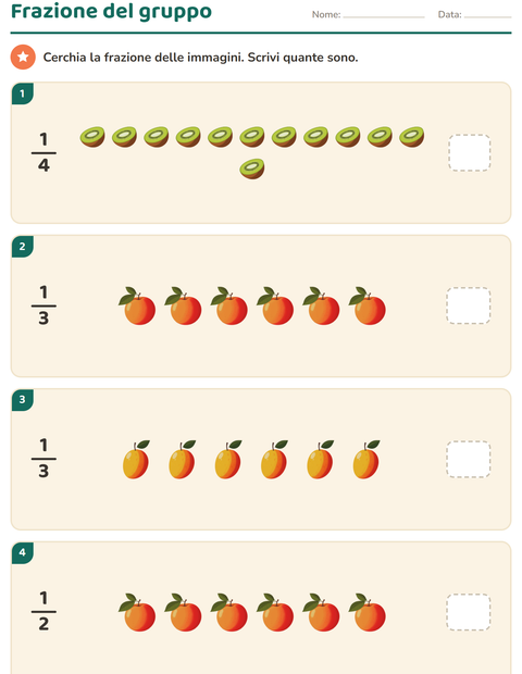 Anteprima della scheda di Frazioni con Frutta per Scuola primaria classe terza