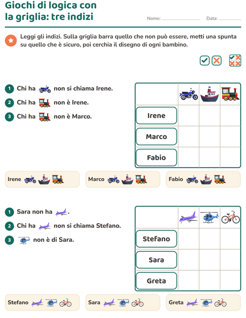 Anteprima della scheda di Giochi di logica con Veicoli per Scuola primaria classe seconda