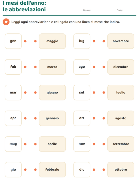 Anteprima della scheda di Giorni e mesi per Scuola primaria classe prima