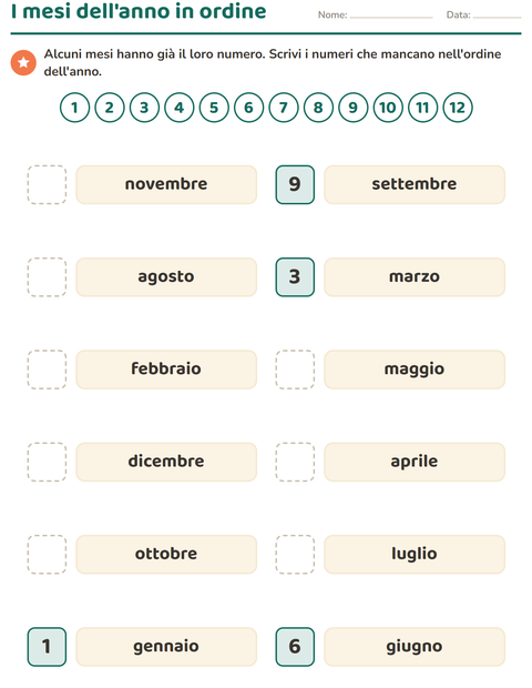 Anteprima della scheda di Giorni e mesi per Scuola primaria classe prima