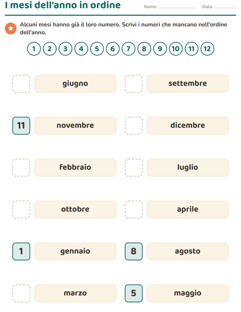 Anteprima della scheda di Giorni e mesi per Scuola primaria classe prima